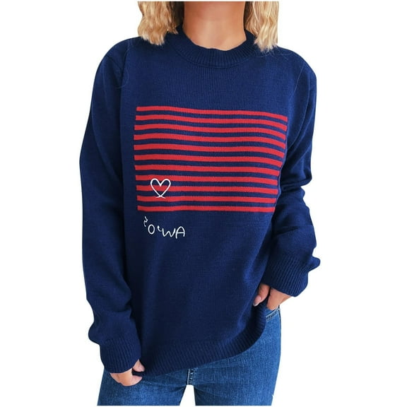 Tnhcen Women's Striped Knit Sweater Color Block Crewneck Top Soft Nylon Spandex Pullover Cute Heart Print Casual Wear Relaxed Fit Long Sleeve S-L