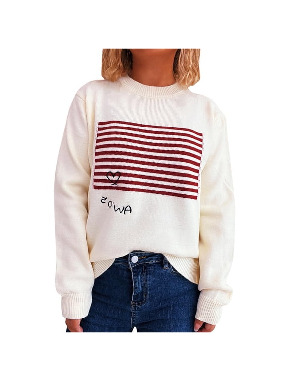 Women's Striped Knit Sweater Color Block Crewneck Top Soft Nylon Spandex Pullover Cute Heart Print Casual Wear Relaxed Fit Long Sleeve S-L