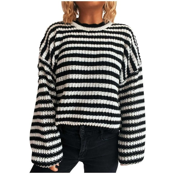 Tnhcen Women's Striped Knit Sweater Loose Fit Crewneck Top Soft Nylon Spandex Pullover Long Sleeve Casual Comfort Wear Black White Stripe Pattern S-XL