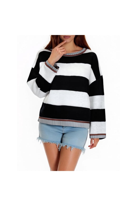 Women's Striped Knit Sweater Soft Acrylic Pullover Casual Round Neck Top Loose Fit Comfort Wear Classic S-XL