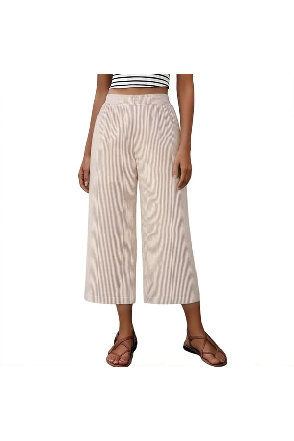 Women's Striped Linen Blend Elastic Waist Wide Leg 9 Inch Pants High Waisted Casual Plus Size S - 2XL Trousers - Breathable Poly - Cotton Fabric, Relaxed Fit, Big Pockets