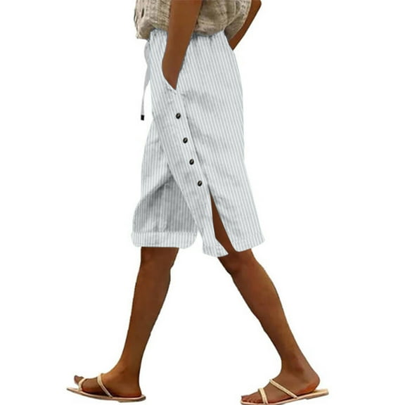 Tnhcen Women's Striped Linen Cotton Pants Knee-Length Button. Detail Pants Side Button Closure Adjustable Waist S-2XL Breathable Lightweight Pants for Women Casual Stripe Pants