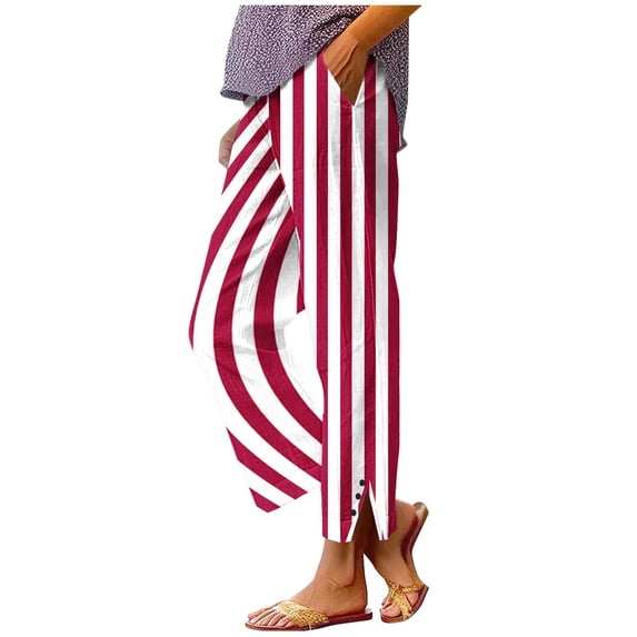Tnhcen Women's Striped Linen Look Wide Leg Pants, Elastic Drawstring Waist Casual Trousers with Side Pockets & Button Slit, 100% Polyester Cropped Ankle Pants for Women S-2XL