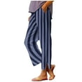 thumbnail image 1 of Tnhcen Women's Striped Linen Look Wide Leg Pants, Elastic Drawstring Waist Casual Trousers with Side Pockets & Button Slit, 100% Polyester Cropped Ankle Pants for Women S-2XL, 1 of 6