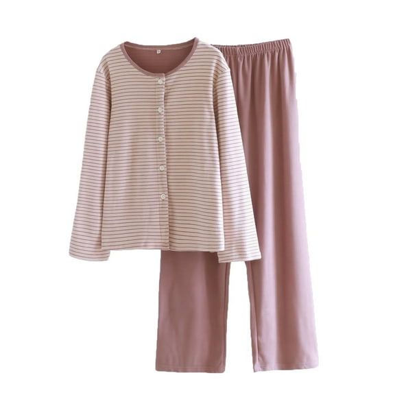 Tnhcen Women's Striped Pajama Set Round Neck Button Up Sleepwear Elastic Waist Pants 2-Piece Outfit M-XL Pink