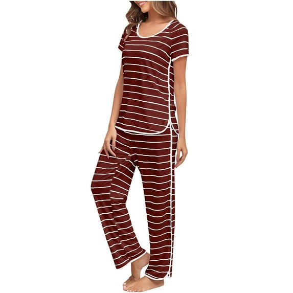 Tnhcen Women's Striped Short Sleeve Sleepwear Two-Piece Set | Soft Casual Loungewear Pajamas with Side Slits | S-2XL