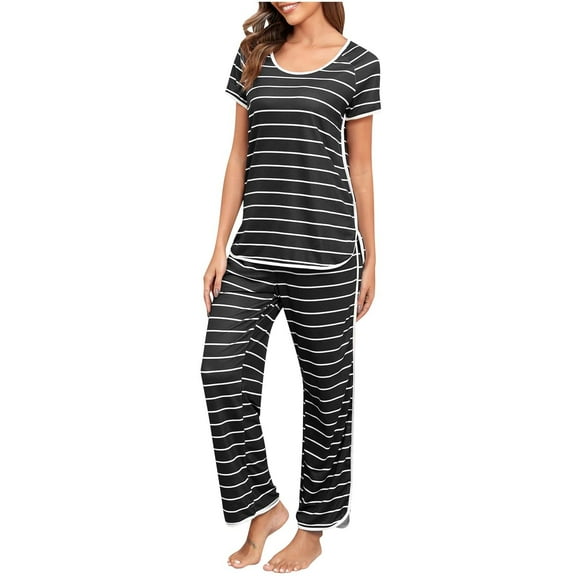 Tnhcen Women's Striped Short Sleeve Sleepwear Two-Piece Set | Soft Casual Loungewear Pajamas with Side Slits | S-2XL