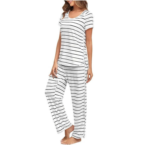 Tnhcen Women's Striped Short Sleeve Sleepwear Two-Piece Set | Soft Casual Loungewear Pajamas with Side Slits | S-2XL