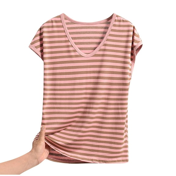 Tnhcen Women's Striped V-Neck Modal Sleepwear Sleeveless Nightgown Summer Pajamas Loose Fit Plus Size XL-5XL Soft Breathable Pink