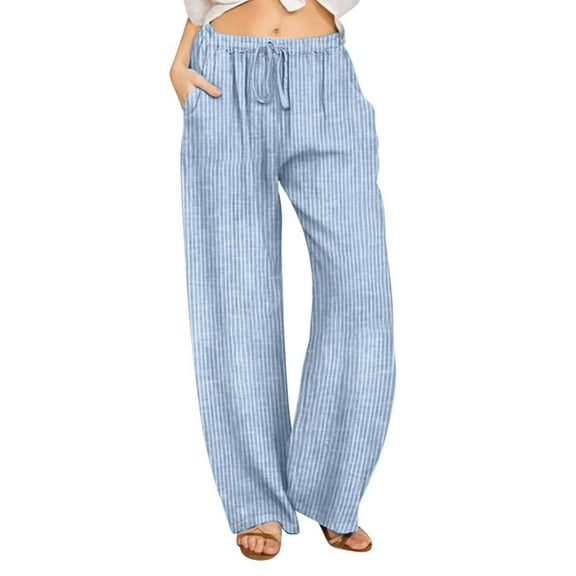 Tnhcen Women's Striped Wide Leg Drawstring Pants 60%Cotton 40%Linen Pre-shrunk Linen Blend Casual Lounge Pants with Pockets S-2XL
