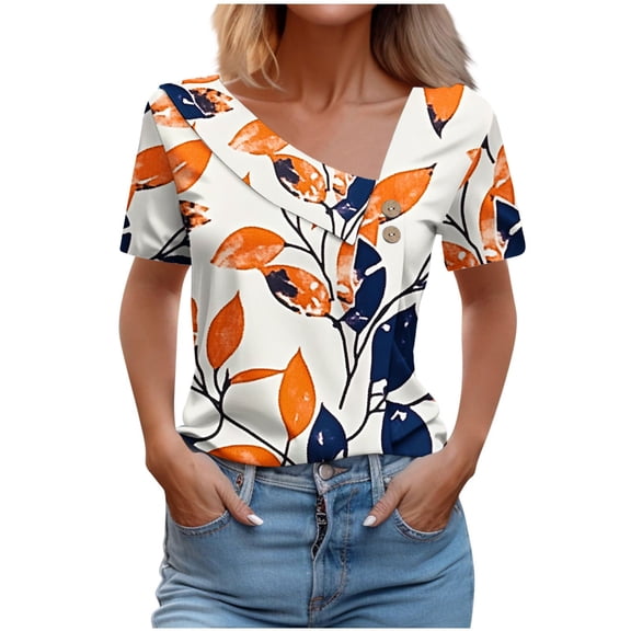 Tnhcen "Women's Stylish Asymmetrical V-Neck Printed Button Blouses | Short Sleeve Tops S-3XL | Casual Summer Fashion Essentials"