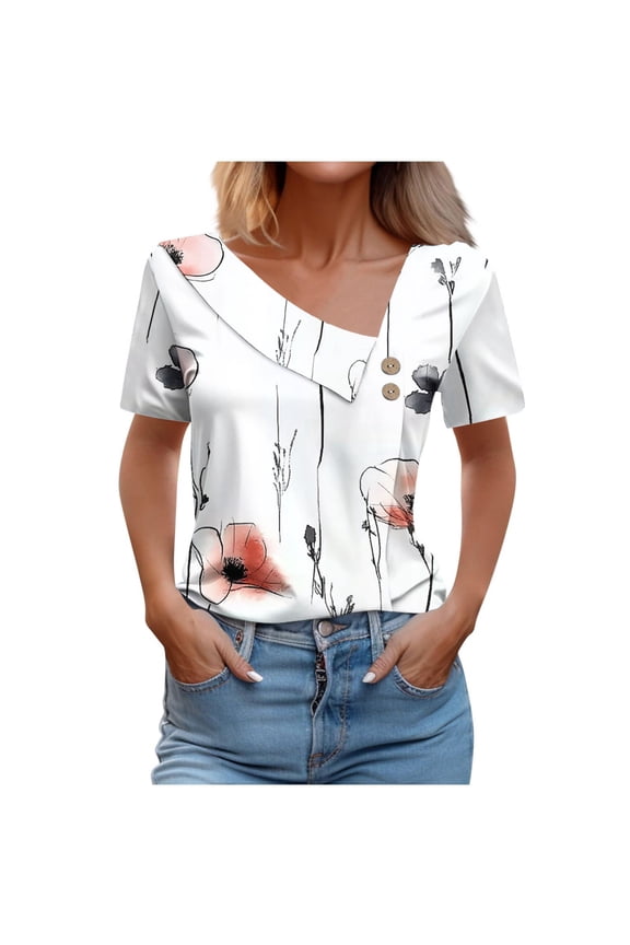 "Women's Stylish Asymmetrical V-Neck Printed Button Blouses | Short Sleeve Tops S-3XL | Casual Summer Fashion Essentials"