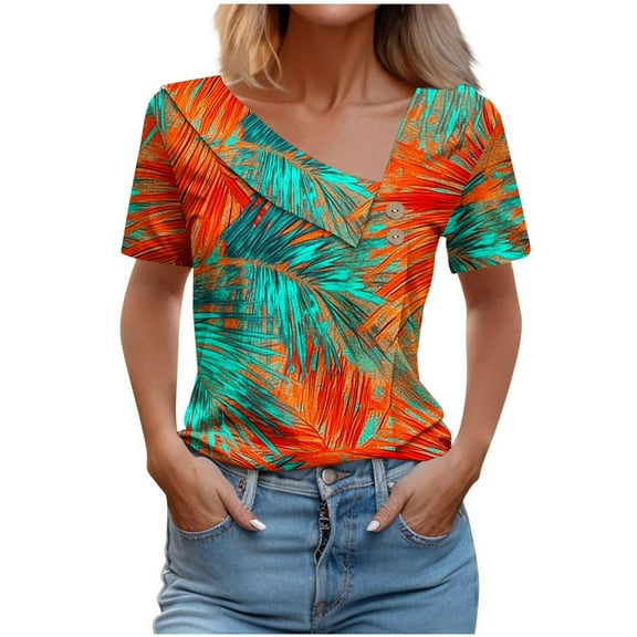 Tnhcen "Women's Stylish Asymmetrical V-Neck Printed Button Blouses | Short Sleeve Tops S-3XL | Casual Summer Fashion Essentials"