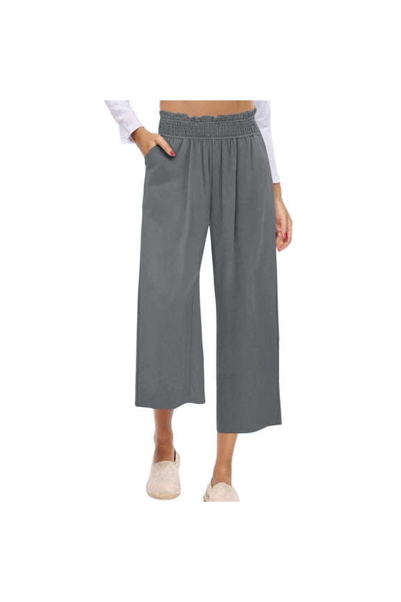 Women's Summer 7/8 Culottes with Pockets Elastic Waist Lounge Pants Pre-Shrunk Cotton-Linen Feel S-2XL
