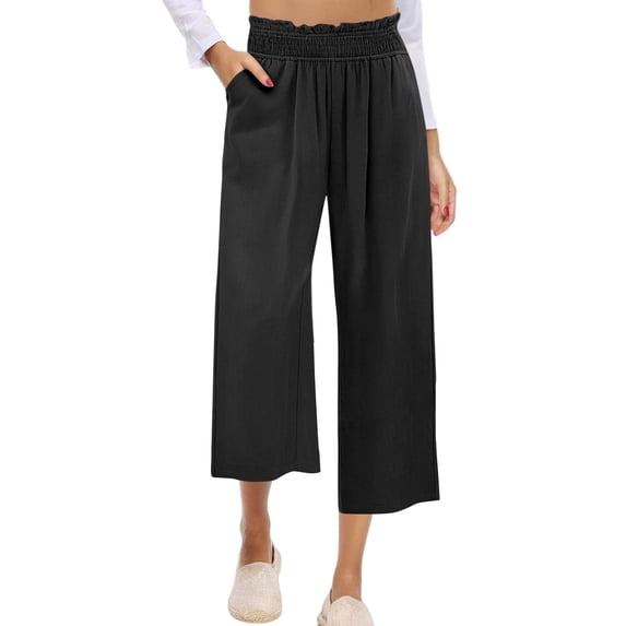Tnhcen Women's Summer 7/8 Culottes with Pockets Elastic Waist Lounge Pants Pre-Shrunk Cotton-Linen Feel S-2XL
