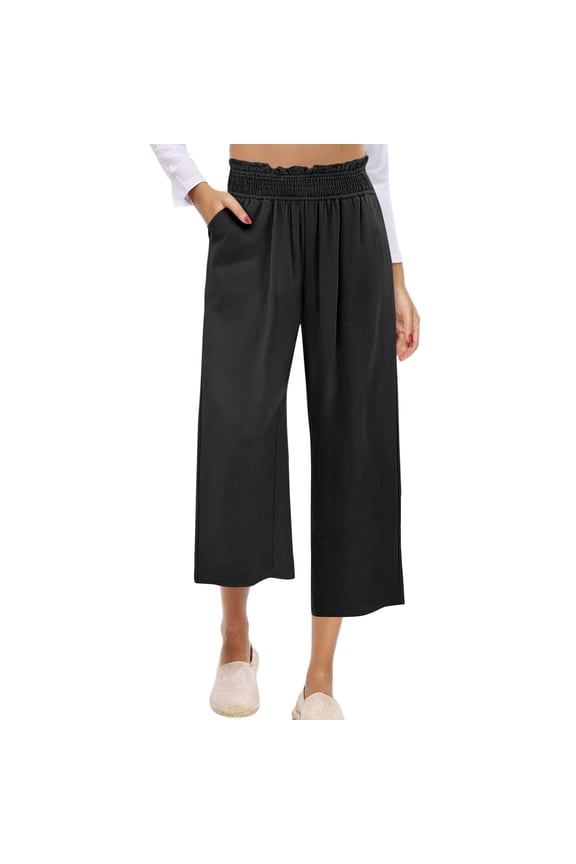 Women's Summer 7/8 Culottes with Pockets Elastic Waist Lounge Pants Pre-Shrunk Cotton-Linen Feel S-2XL