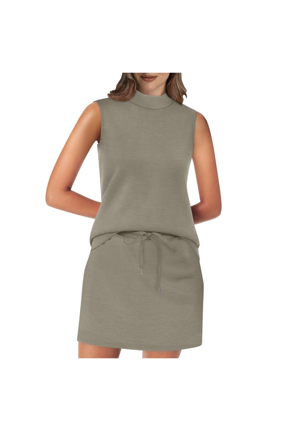 Women's Summer Beach Vacation Outfit Sleeveless Mock Neck Solid Color Two - Piece Set, Casual Drawstring Mini Skirt Dress Plus Size S - 2XL