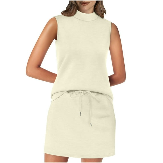 Tnhcen Women's Summer Beach Vacation Outfit Sleeveless Mock Neck Solid Color Two - Piece Set, Casual Drawstring Mini Skirt Dress Plus Size S - 2XL