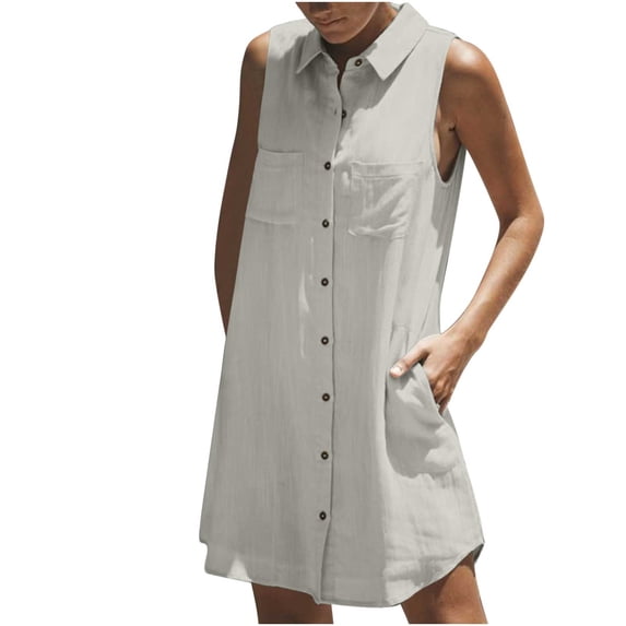 Tnhcen Women's Summer Casual Collared Sleeveless Button-Front Solid Color Double Pockets Loose Fit Shirt Dress 100% Polyester Pre-Washed Crinkle Size S-2XL