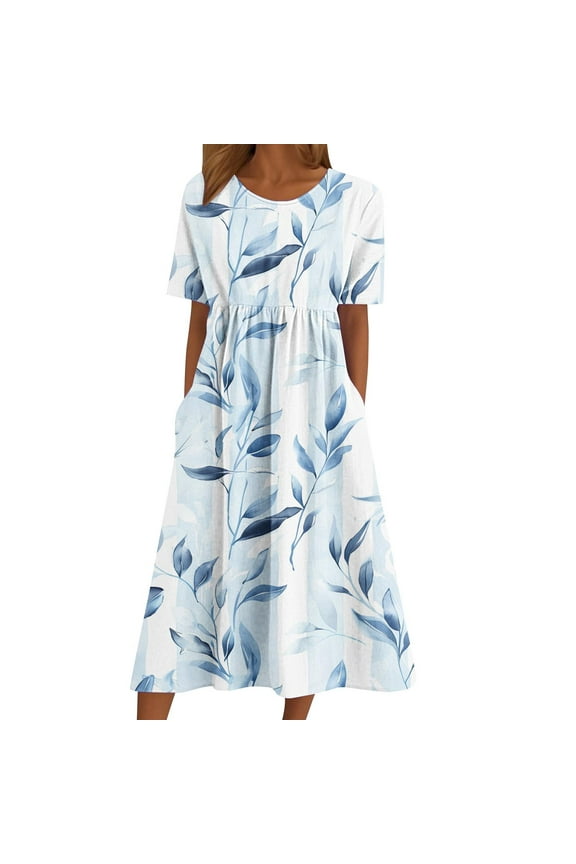 Women's Summer Casual Floral Print Short Sleeve Round Neck Knee Length Dress, 95% Polyester 5% Spandex Plus Size S - 2XL