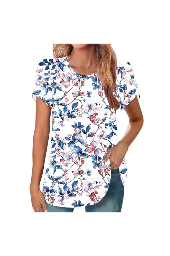 Women's Summer Casual Printed Blouses | Chest Frills Short Sleeve Crewneck Top | Flattering Arc Hem Shirts | Plus Size S-2XL