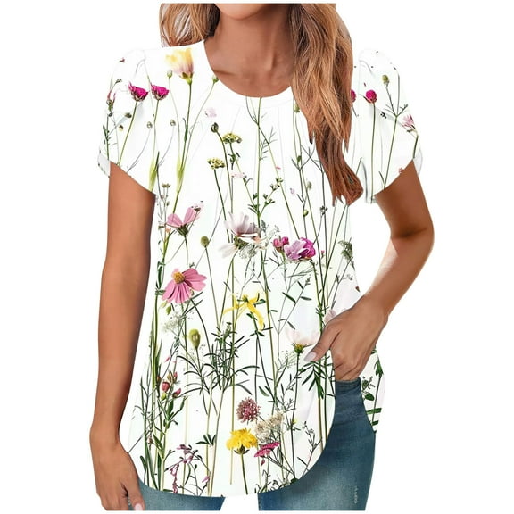 Tnhcen Women's Summer Casual Printed Blouses | Chest Frills Short Sleeve Crewneck Top | Flattering Arc Hem Shirts | Plus Size S-2XL