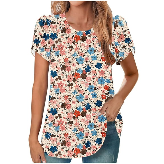 Tnhcen Women's Summer Casual Printed Blouses | Chest Frills Short Sleeve Crewneck Top | Flattering Arc Hem Shirts | Plus Size S-2XL