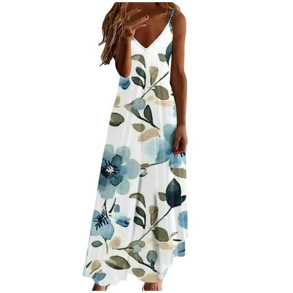 Tnhcen Women's Summer Casual Sleeveless V-Neck Max Print Dress, Plus Size S-3XL Beach Vacation Slip Dress, Lightweight Flowy Floral Leaf Casual Wear