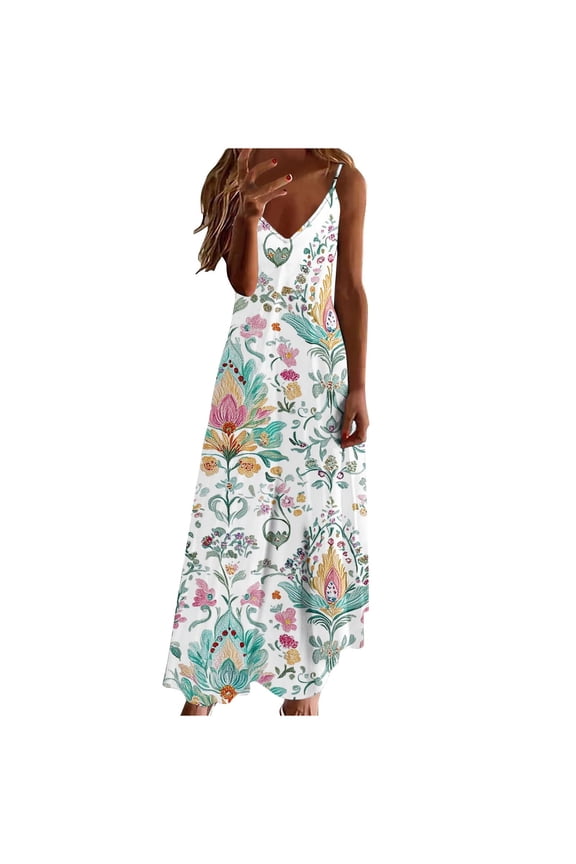 Women's Summer Casual Sleeveless V-Neck Max Print Dress, Plus Size S-3XL Beach Vacation Slip Dress, Lightweight Flowy Floral Leaf Casual Wear