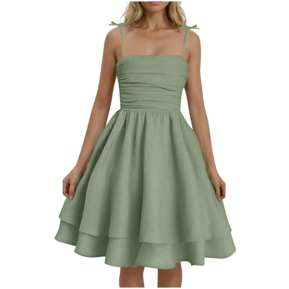 Tnhcen Women's Summer Casual Solid Color Dress, Spaghetti Strap Adjustable Tie Shoulder, Ruffle Hem Double Layer Puff Skirt Bubble Crepe Dress for Women, Casual Party Beach Outfit
