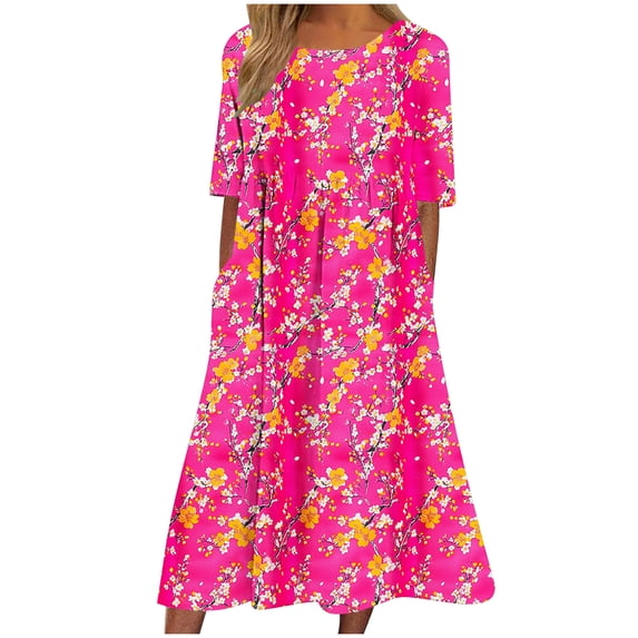 Tnhcen Women's Summer Casual Vintage Floral Print Short Sleeve Round Neck Knee Length Loose Dress 4 Way Stretch Plus Size S - 2XL Pocket Dress