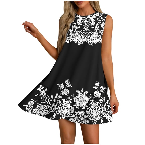 Tnhcen Women's Summer Casual Vintage Print Side Ruffle Round Neck Dress, 95% Polyester 5% Spandex Knit Sleeveless Mini Dress, S-2XL Plus Size Women's Casual Summer Dress