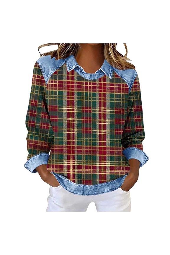 Women's Summer Check Waffle Knit Blouse, Round Neck Turn Down Collar Casual Loose Fit Top, Breathable Plus Size Shirt S-3XL