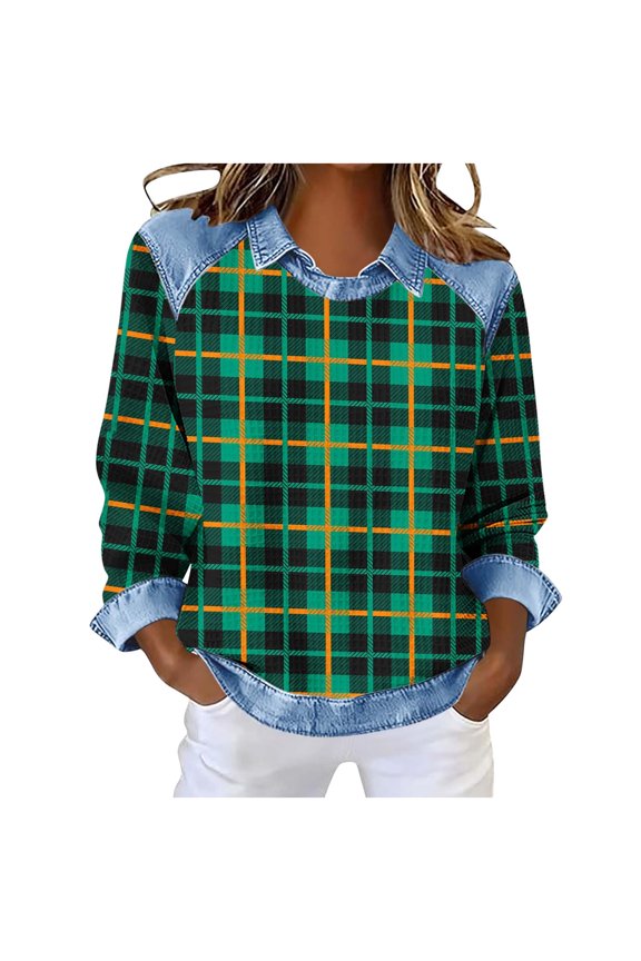Women's Summer Check Waffle Knit Blouse, Round Neck Turn Down Collar Casual Loose Fit Top, Breathable Plus Size Shirt S-3XL