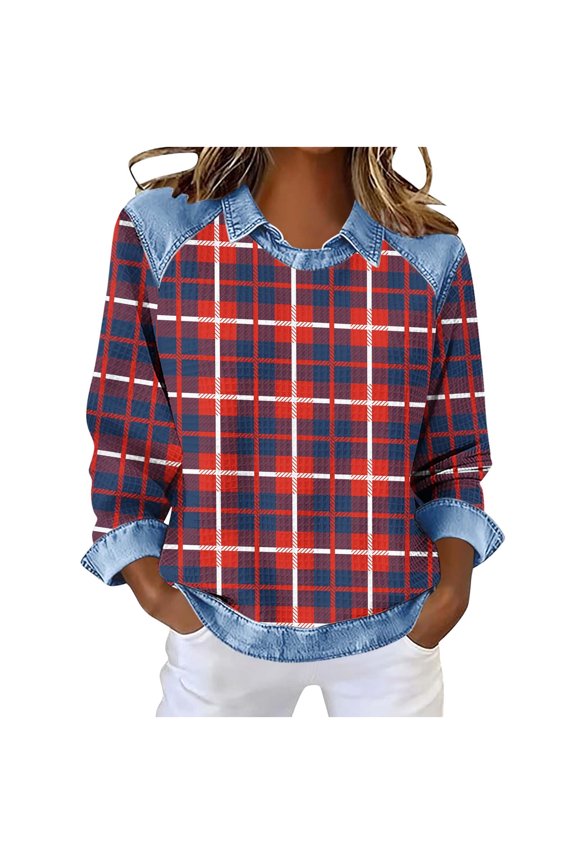 Women's Summer Check Waffle Knit Blouse, Round Neck Turn Down Collar Casual Loose Fit Top, Breathable Plus Size Shirt S-3XL