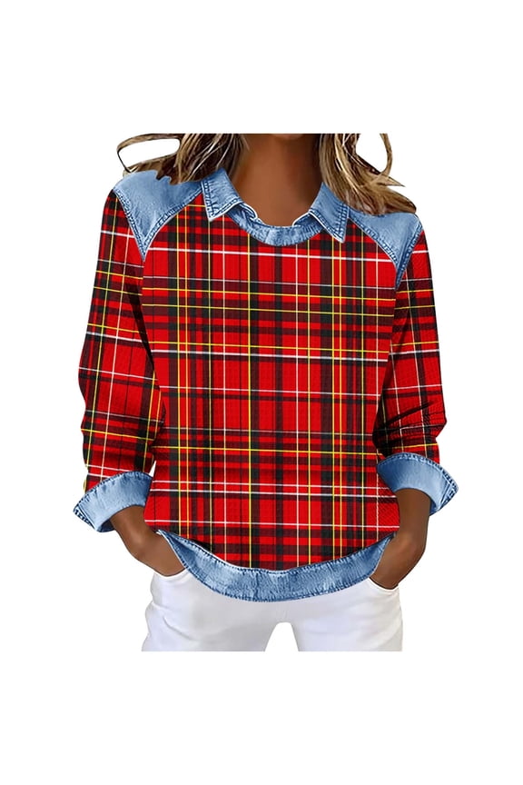 Women's Summer Check Waffle Knit Blouse, Round Neck Turn Down Collar Casual Loose Fit Top, Breathable Plus Size Shirt S-3XL