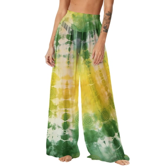 Tnhcen Women's Summer Chiffon Wide Leg Beach Pants UV Protection Lightweight Tie Dye Print Casual Loose Beach Cover Up 100% Polyester Beach Pants S-2XL