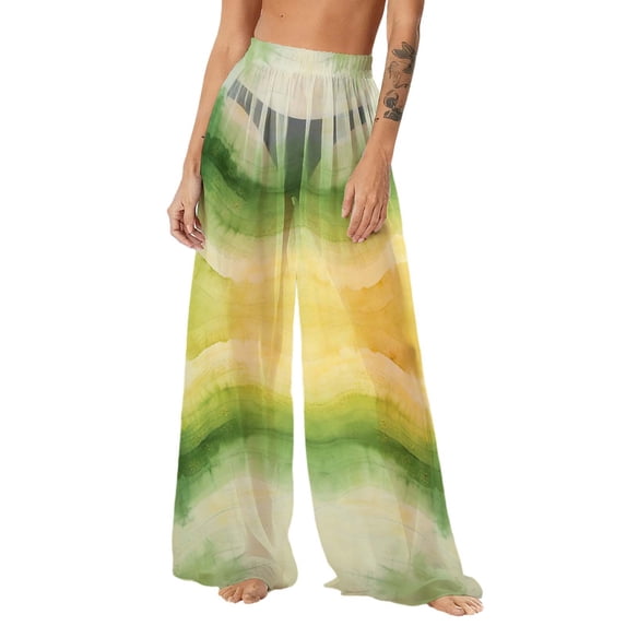 Tnhcen Women's Summer Chiffon Wide Leg Beach Pants UV Protection Lightweight Tie Dye Print Casual Loose Beach Cover Up 100% Polyester Beach Pants S-2XL