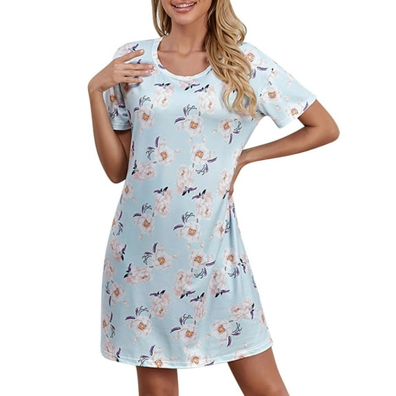 Tnhcen Women's Summer Cool Crewneck Short Sleeve Printed Sleepwear Dress | Short Style | S-3XL | Nylon Spandex Loungewear