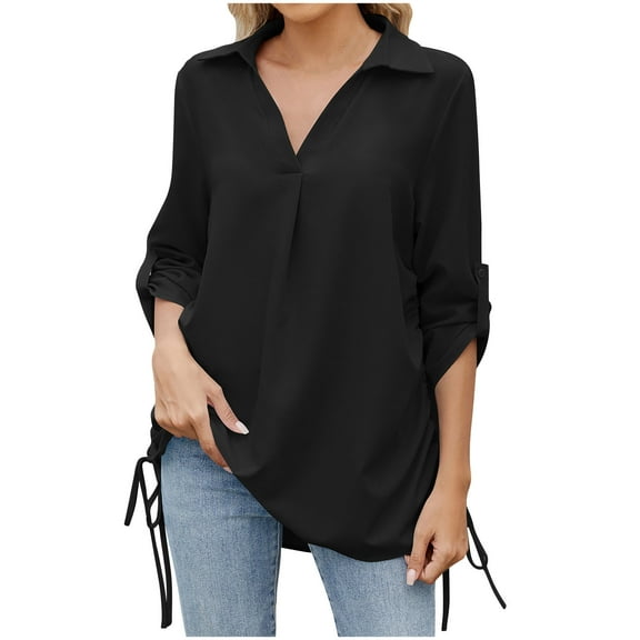 Tnhcen Women's Summer Cool Loose Fit Turn-Down Collar Blouse | Ice Silk Smooth Texture | 7/8 Sleeve Versatile Tops | S-2XL