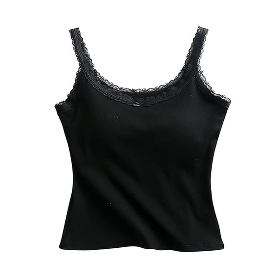 Tnhcen Women's Summer Cotton Camisole Built-in Bra Sleepwear Lace Trim Sleeveless Backless Top Comfortable Nightwear S-XL Black