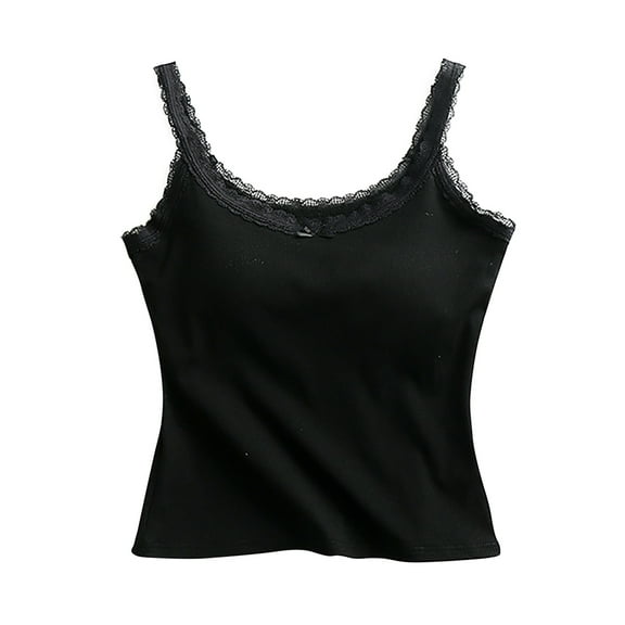 Tnhcen Women's Summer Cotton Camisole Built-in Bra Sleepwear Lace Trim Sleeveless Backless Top Comfortable Nightwear S-XL Black