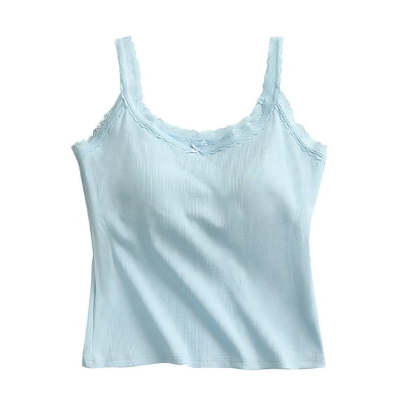 Tnhcen Women's Summer Cotton Camisole Built-in Bra Sleepwear Lace Trim Sleeveless Backless Top Comfortable Nightwear S-XL Blue