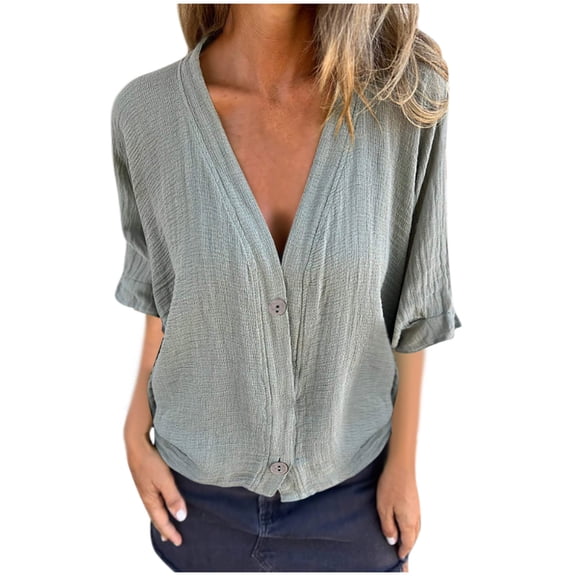 Tnhcen Women's Summer Cotton Linen V-Neck Button-Up Shirts - Breathable Loose Fit Tops | Plus Size Friendly S-3XL | Casual Daily Linen Blouses