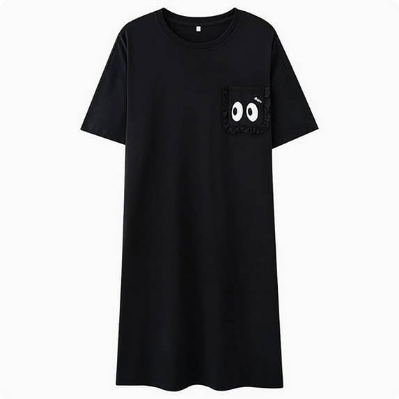 Tnhcen Women's Summer Cotton Sleepwear Dress - Black Crew Neck Short Sleeve Mid-Length Nightgown Plus Size Loungewear (M-2XL)