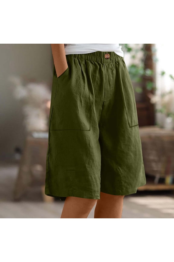 Women's Summer Culottes with Pockets Loose Fit Straight Leg Knee-Length Shorts Pre-Shrunk Cotton-Linen Feel S-2XL