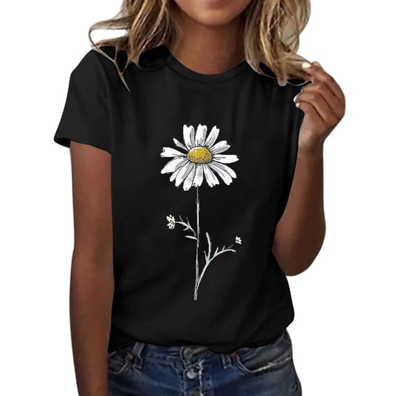 Tnhcen Women's Summer Cute Flower Print Short Sleeve T-Shirt - Basic Cotton Tops Plus Size S-2XL Florals Breathable Casual Summer Tops