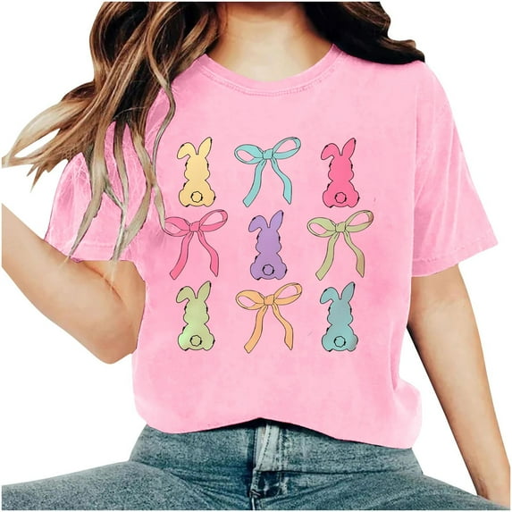 Tnhcen Women's Summer Cute Rabbit Print Round Neck Basic Short Sleeve Tops – Plus Size Friendly Shirts S-3XL Polyester Spandex Blends
