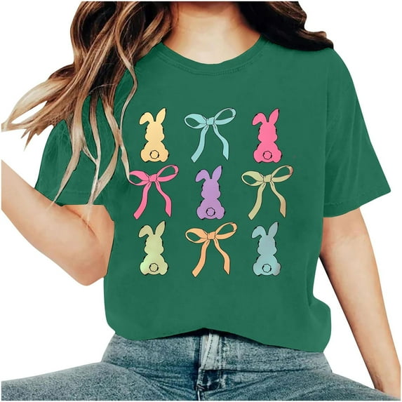 Tnhcen Women's Summer Cute Rabbit Print Round Neck Basic Short Sleeve Tops – Plus Size Friendly Shirts S-3XL Polyester Spandex Blends