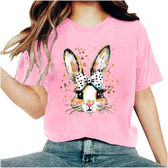 Tnhcen Women's Summer Cute Rabbit Print Round Neck Basic Short Sleeve Tops – Plus Size Friendly Shirts S-3XL Polyester Spandex Blends
